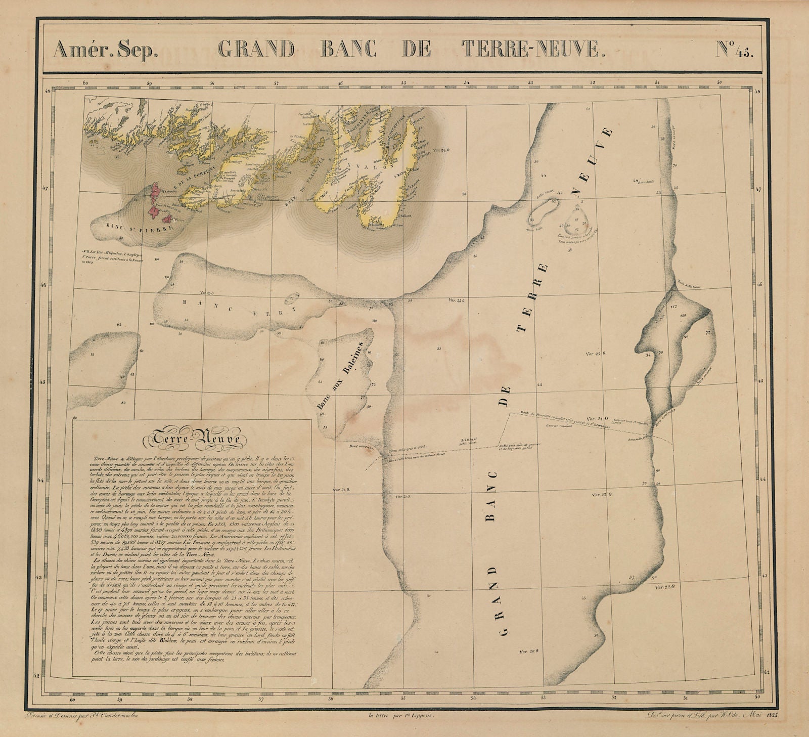 Amér. Sep. Grand Banc de Terre-Neuve #45. Newfoundland. VANDERMAELEN 1827 map